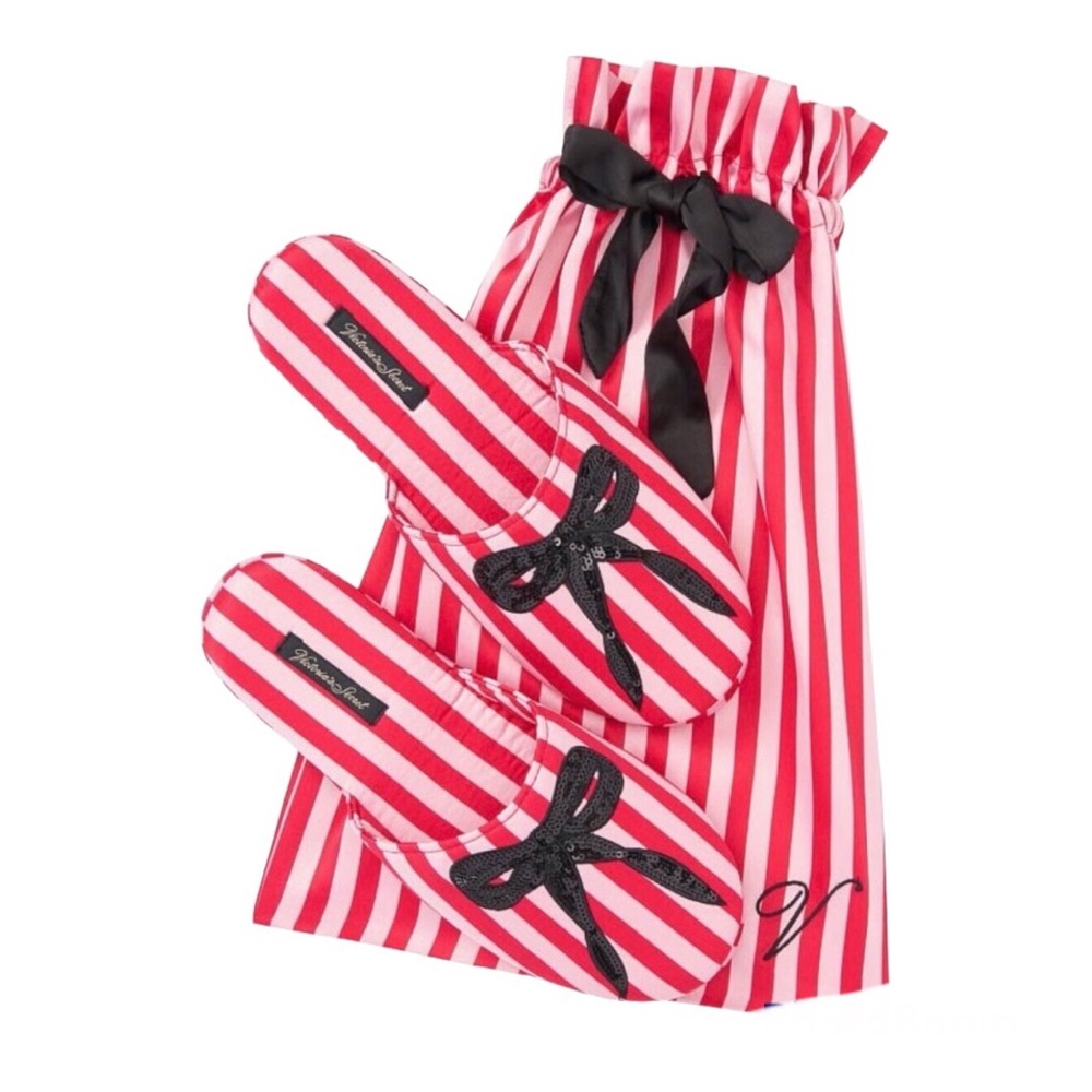 Victoria’s Secret sequined bow striped satin slippers